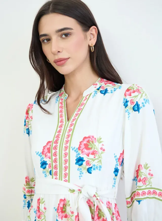 Floral Tiered Tie-Belt Midi Dress White – image 4