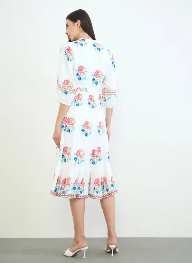 Floral Tiered Tie-Belt Midi Dress White – image 5