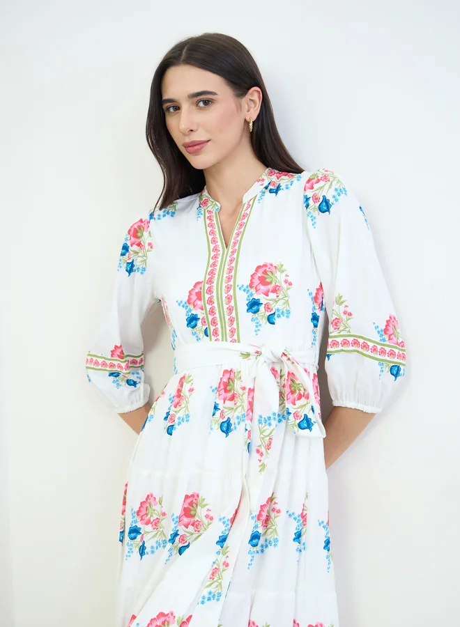 Floral Tiered Tie-Belt Midi Dress White