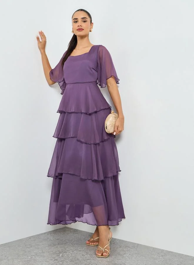 Short Sleeve Tiered Maxi Dress Purple