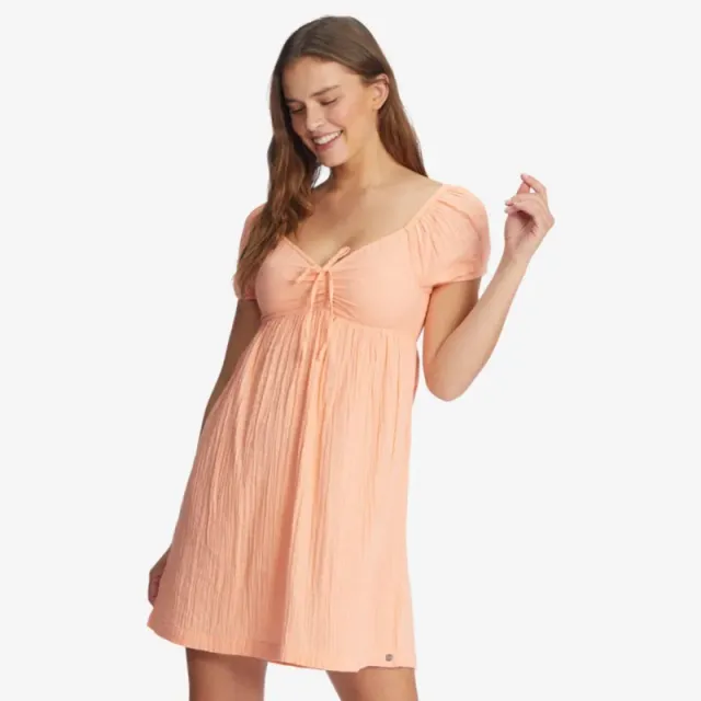 Peach Mini Fit & Flare Dress with Sweetheart Neck and Short Sleeves – image 4