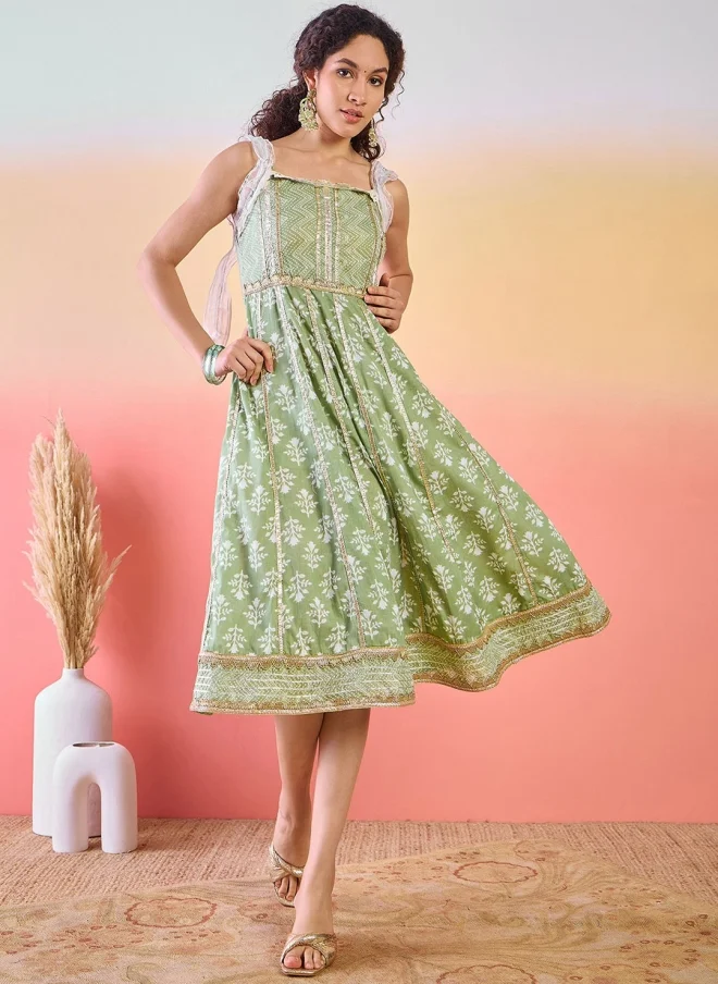 Women's Floral Print Midi Dress Green