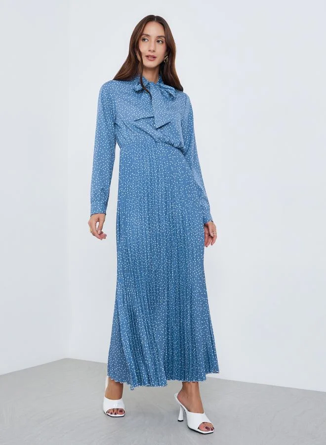 Women's Polka Dot Print Pleated Maxi Dress Blue