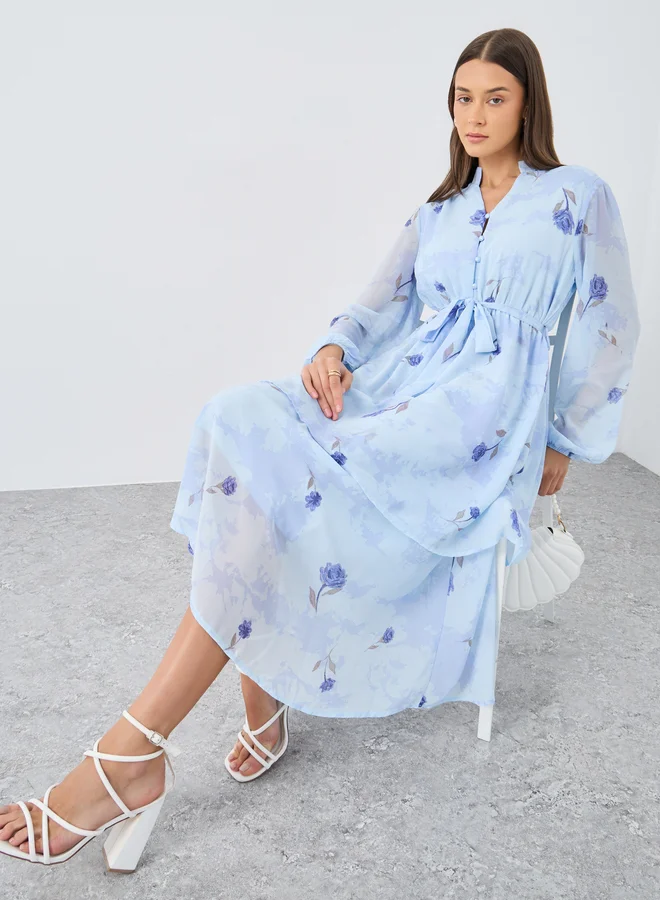Floral Layered Midi Dress Light Blue