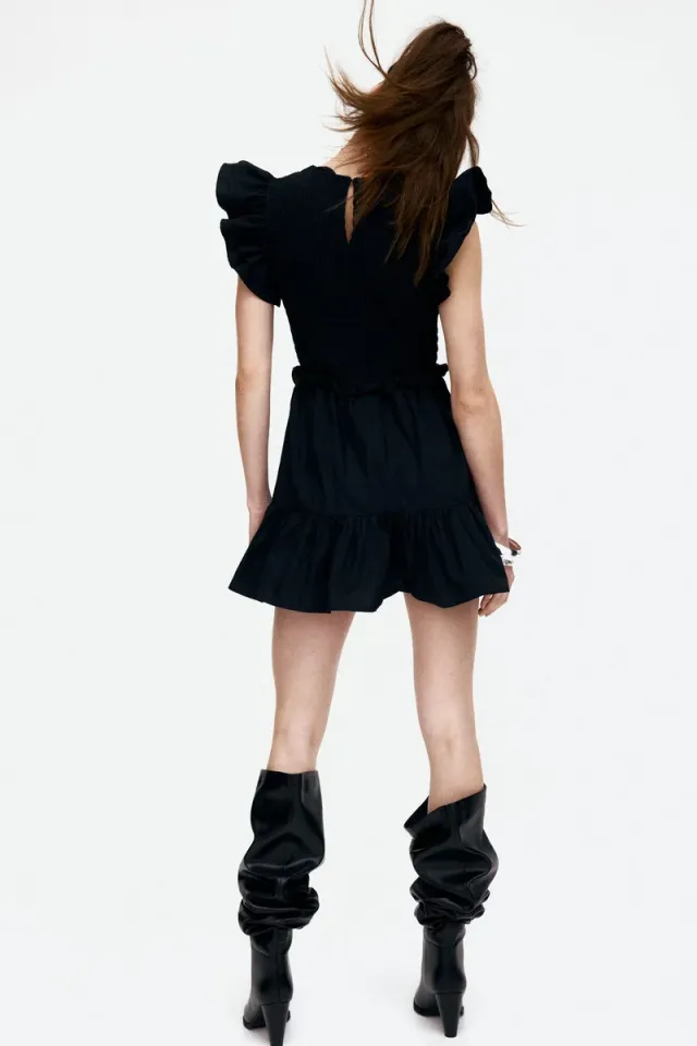 Black and White Striped Mini Dress with Flutter Sleeves and Back Keyhole Button – image 2