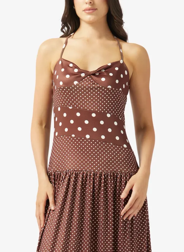 Chocolate Brown Halter Neck Polka Dot Tiered Maxi Dress – image 3