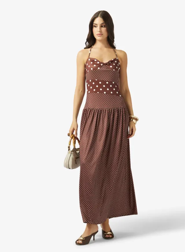 Chocolate Brown Halter Neck Polka Dot Tiered Maxi Dress – image 4