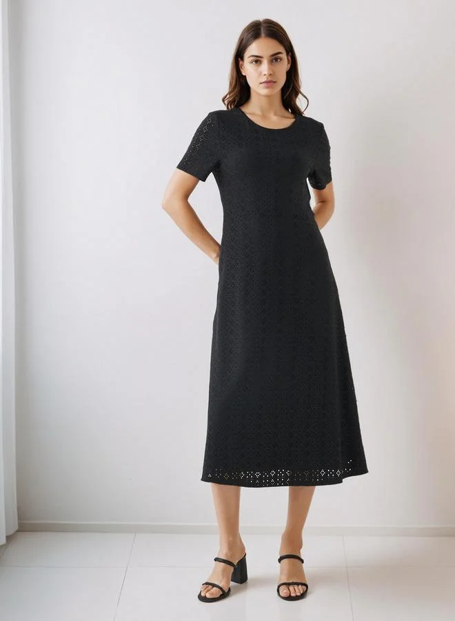 Schiffli A-line Keyhole Back Midi Dress
