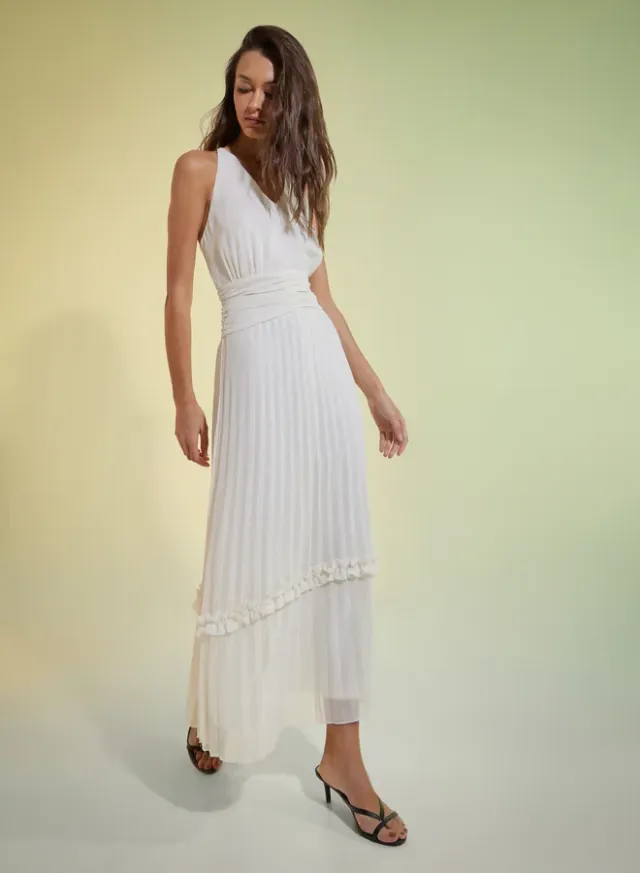 Sleeveless Pleated Maxi Dress, Off White