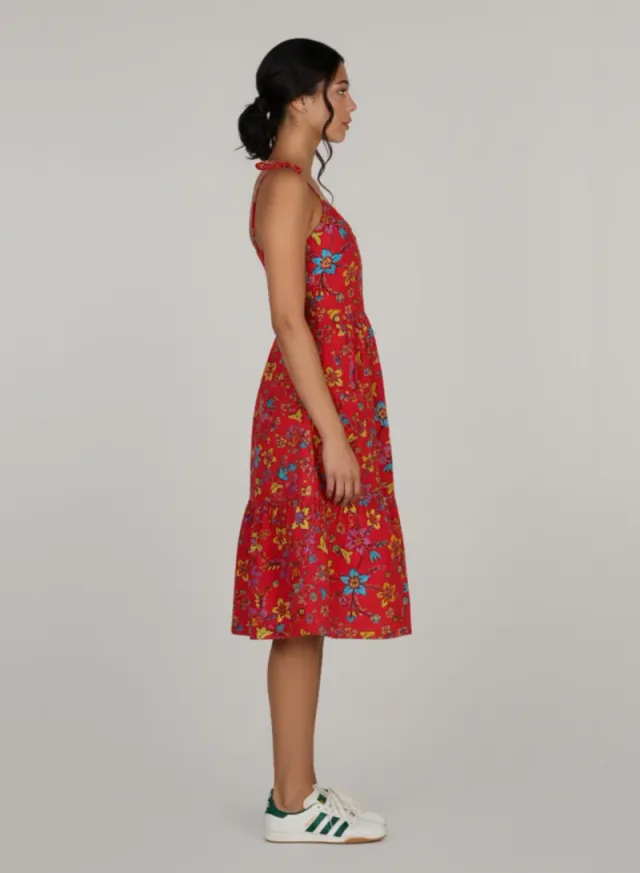 Red Floral Tiered Midi Dress with Pockets - Cotton – image 2