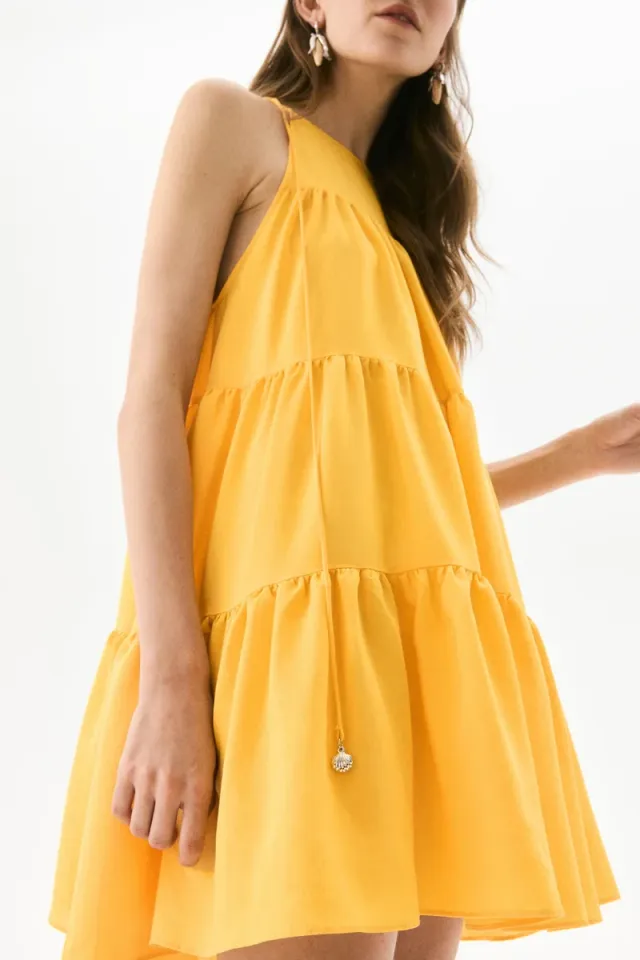 Bright Yellow Mini Tiered A-Line Dress - Sleeveless, Round Neck, Loose Fit – image 3