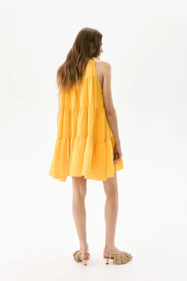 Bright Yellow Mini Tiered A-Line Dress - Sleeveless, Round Neck, Loose Fit – image 4