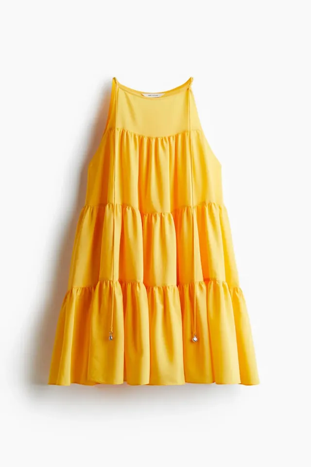 Bright Yellow Mini Tiered A-Line Dress - Sleeveless, Round Neck, Loose Fit – image 5