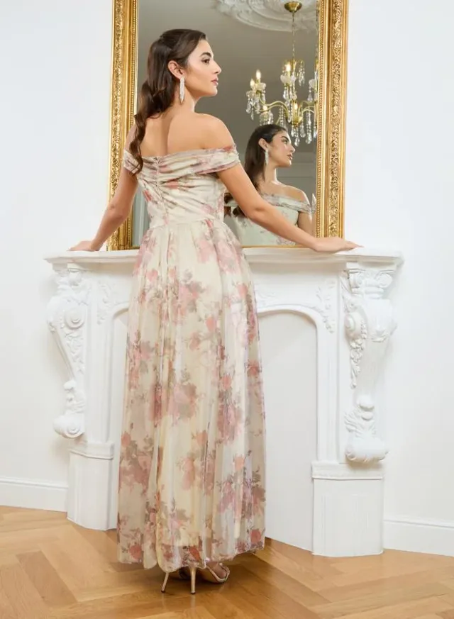 Ditsy Print Off Shoulder Maxi Dress Beige – image 5