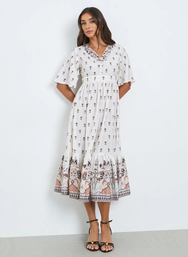 Women's Floral Print A-Line Midi Dress, Cream