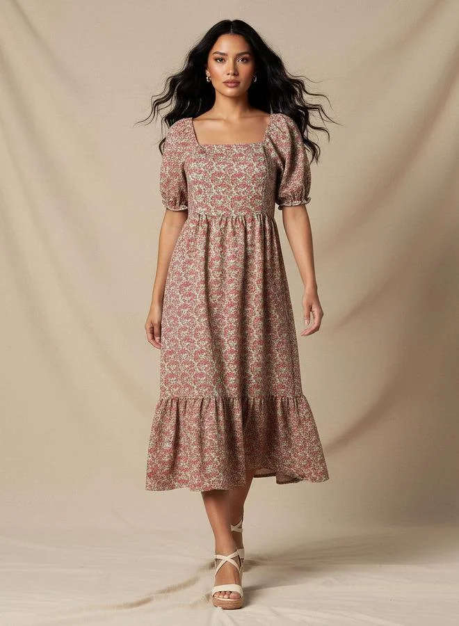 Floral Print Midi Dress Square Neck