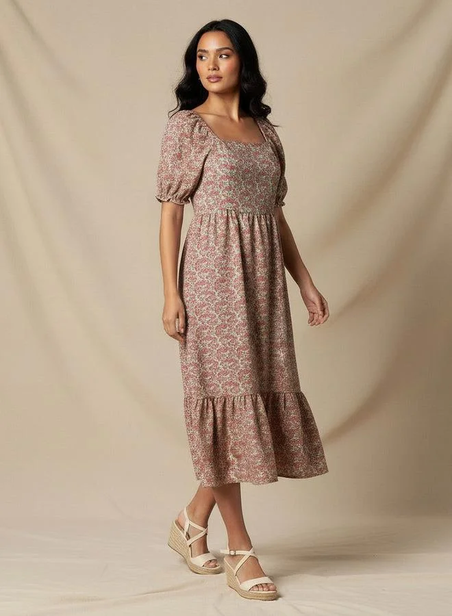 Floral Print Midi Dress with Square Neck