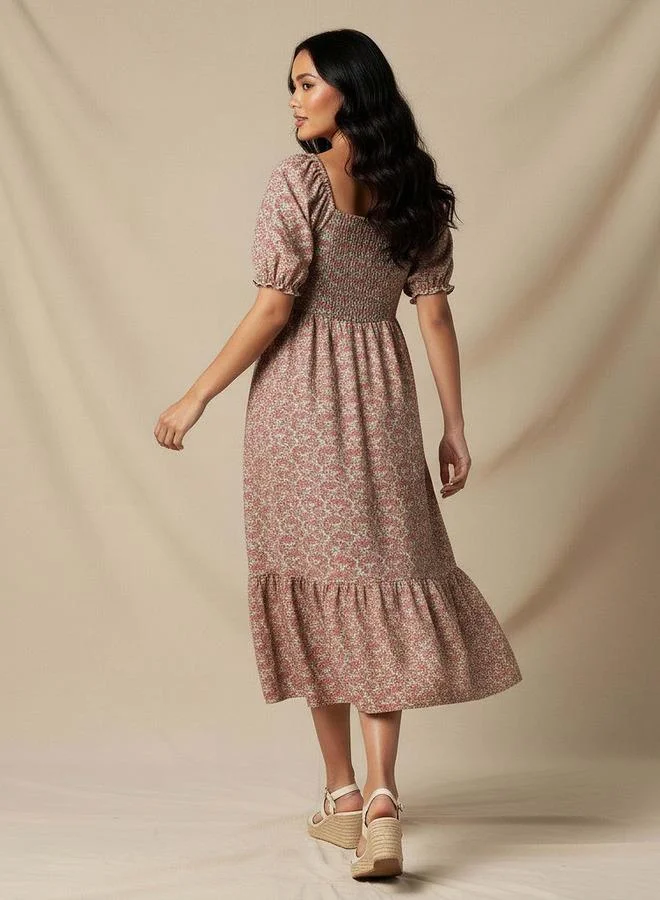 Floral Print Midi Dress with Square Neck
