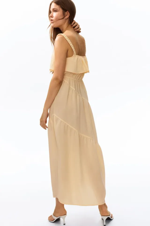 Yellow Dusty Light Midi Flared Tiered Dress - Sleeveless