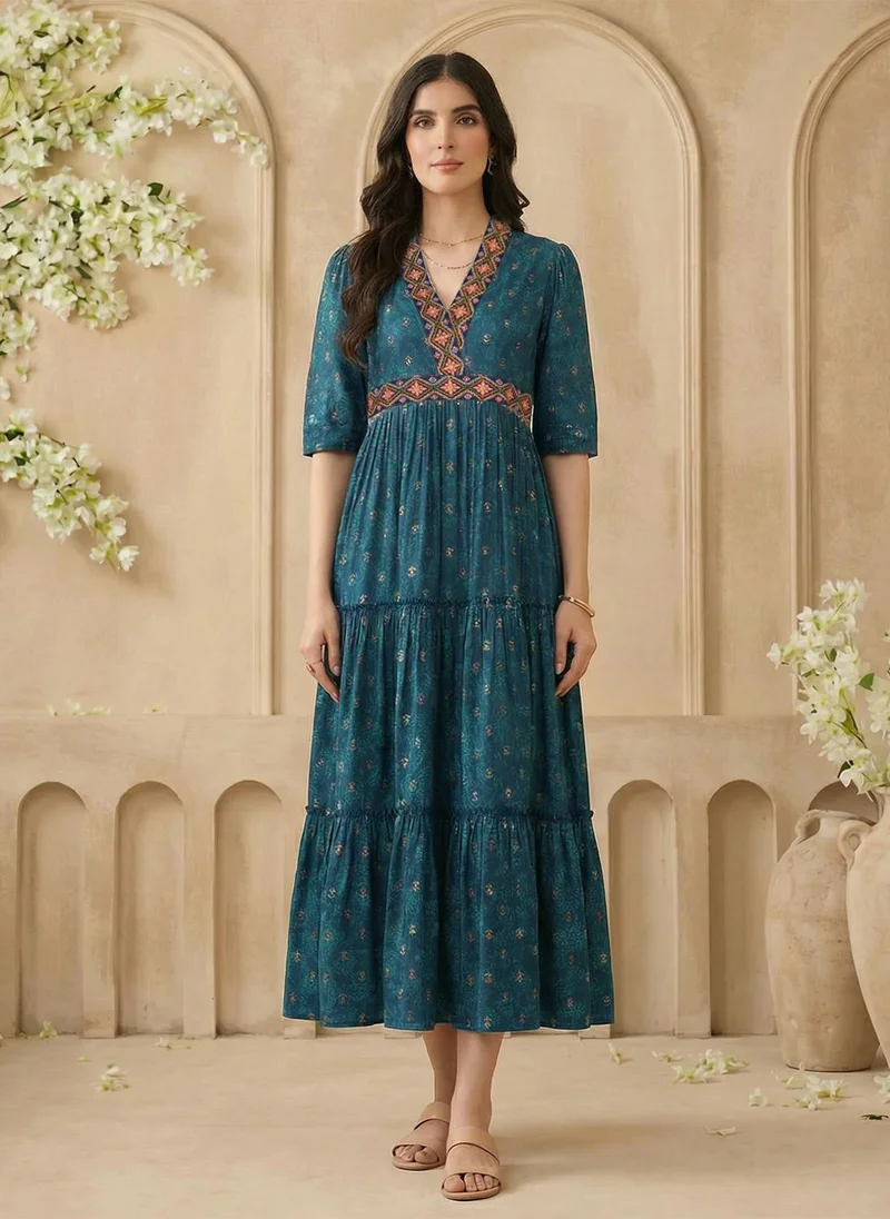 Women's Floral Tiered V-Neck Puff Sleeve Midi Dress Teal