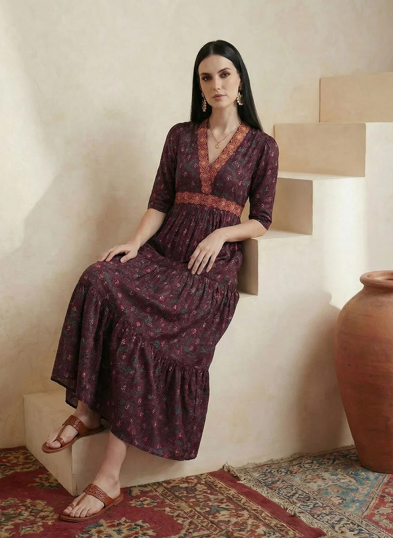 Women's Floral Tiered V-Neck Puff Sleeve Midi Dress Teal