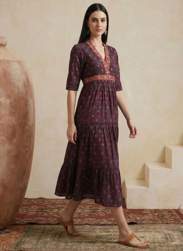 Women's Floral Tiered V-Neck Puff Sleeve Midi Dress Teal – image 3