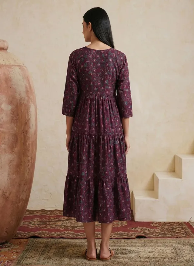 Women's Floral Tiered V-Neck Puff Sleeve Midi Dress Teal – image 4