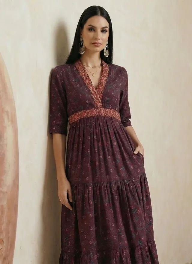Women's Floral Tiered V-Neck Puff Sleeve Midi Dress Teal – image 6