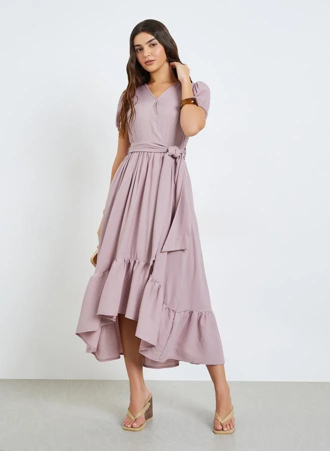 Wrap Maxi Dress with Puff Sleeves Pink