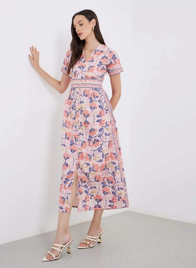 Styli All Over Print V-Neck A-Line Maxi Dress