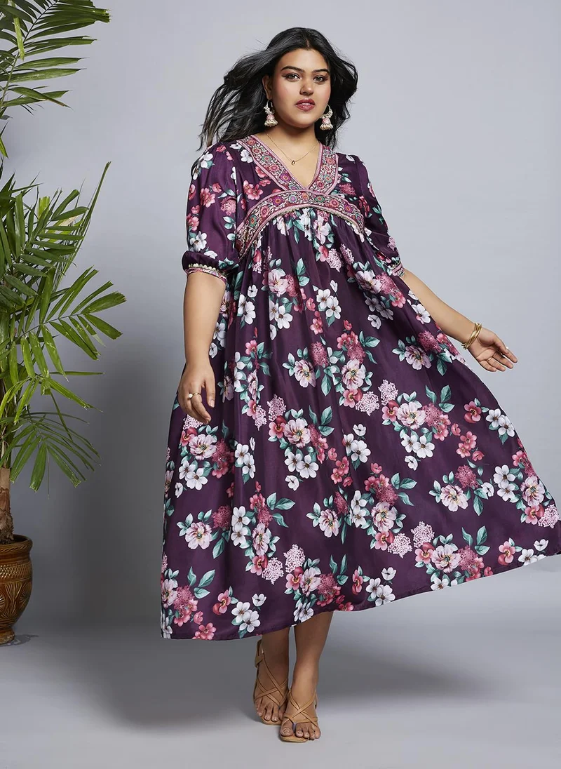 Women's Plus Size Floral Print V-Neck Puff Sleeve Lace Midi Dress
