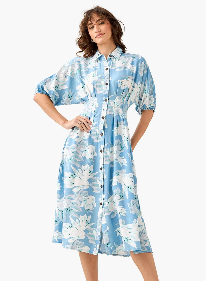 Floral Print Collared Viscose Shirt Dress
