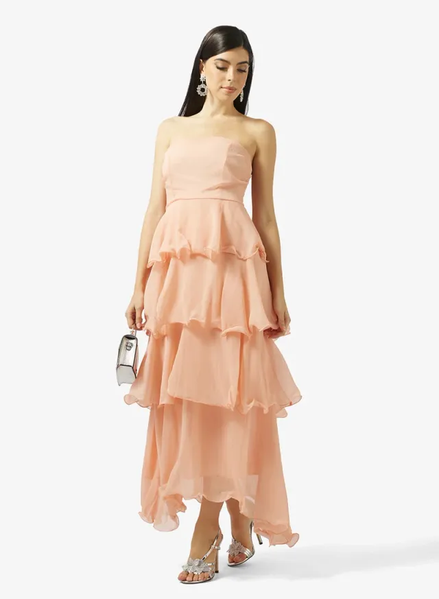 Ella Peach Midi Tiered Bandeau Dress - Sweetheart Neck, Sleeveless, Solid – image 4