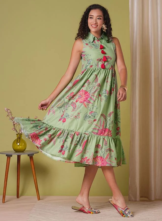 Floral Print Tassel Gathered Midi Dress