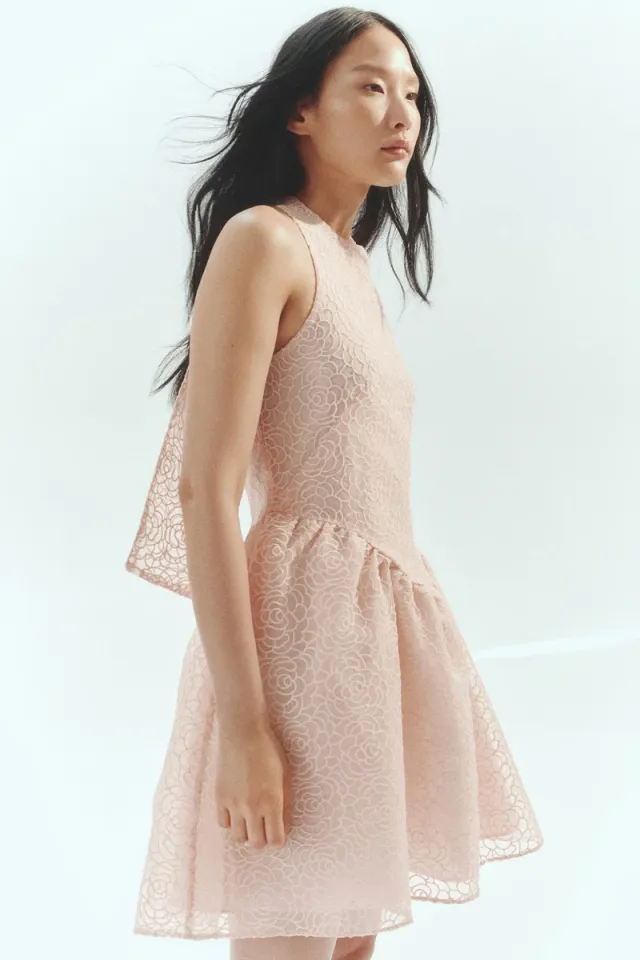 Pink Dusty Light Mini Fit & Flare Halterneck Embroidered Dress