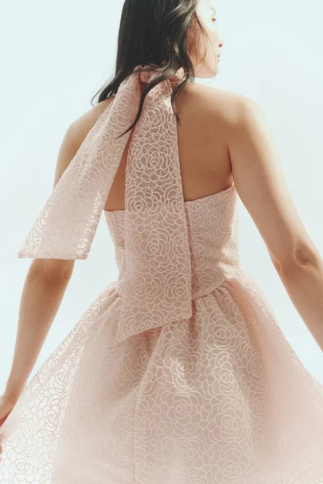 Pink Dusty Light Mini Fit & Flare Halterneck Embroidered Dress – image 4