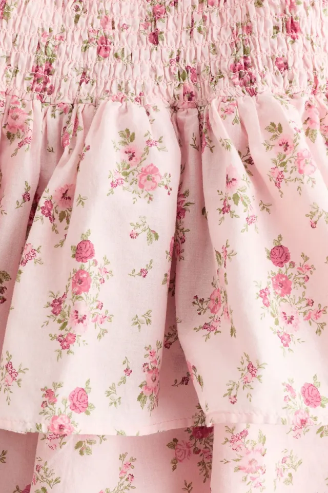Light Pink Floral Tiered Mini Dress with Square Neck and Short Sleeves – image 6