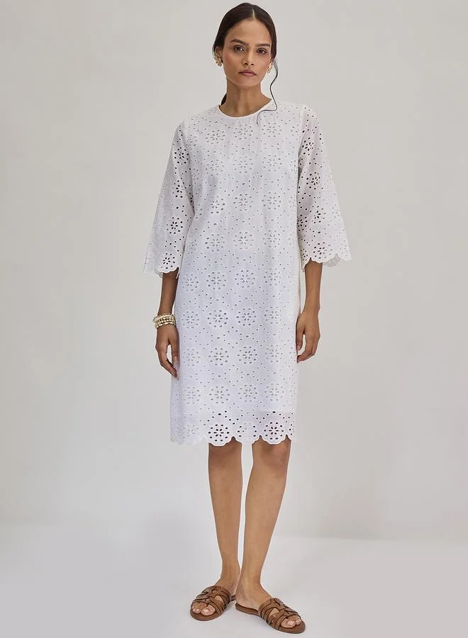 Cotton Schiffli Knee Length Dress White