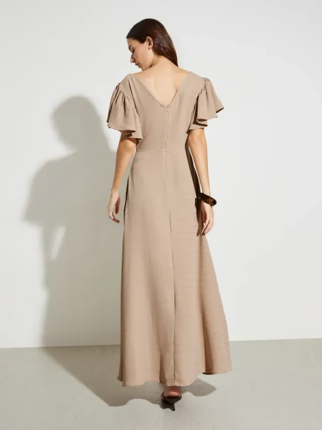 Textured Frill Sleeve Maxi Dress Beige – image 5