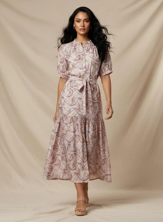 Abstract Print Tiered Midi Viscose Belted Dress