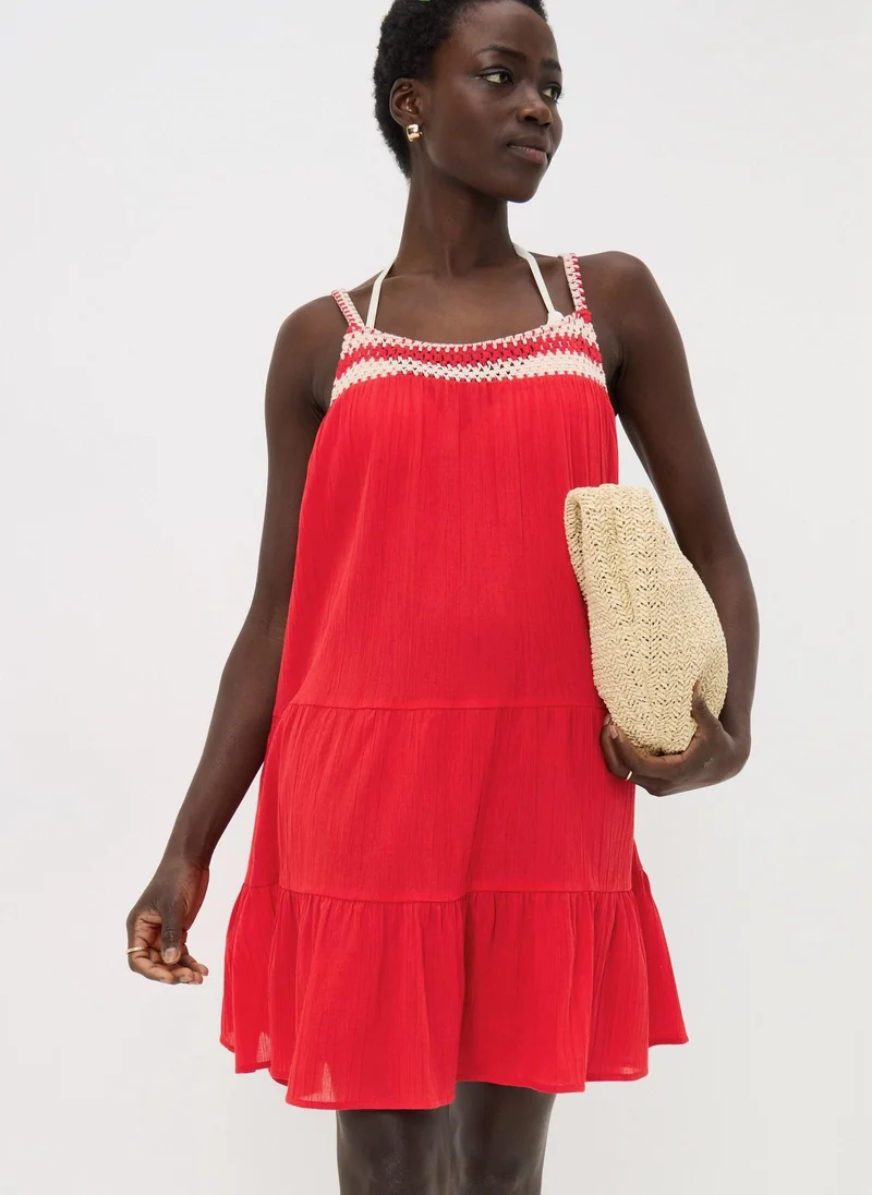 Crochet Trim Tiered Beach Dress Red