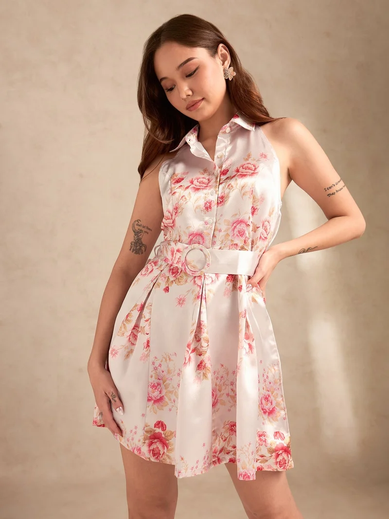 Printed Halter Neck Belted Flared Dress Pink