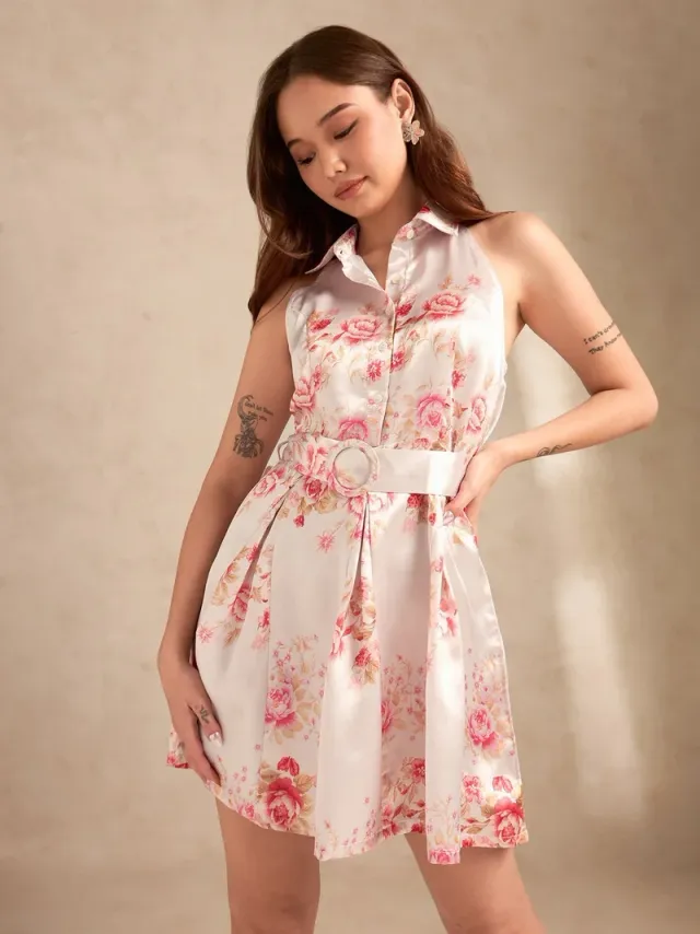Printed Halter Neck Belted Flared Dress Pink