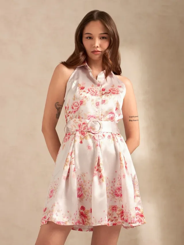Pink Floral Mini Dress with Halter Neck and Belt Detail – image 4