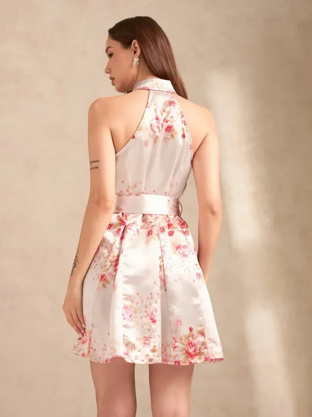 Pink Floral Mini Dress with Halter Neck and Belt Detail – image 5
