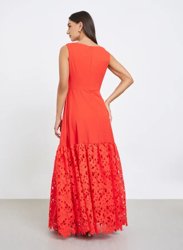 Sleeveless A-Line Maxi Dress Lace Hem Red – image 5