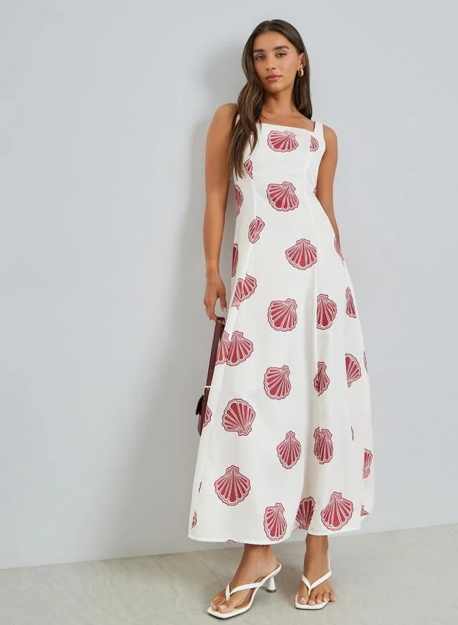 Seashell Print A-Line Maxi Dress Red