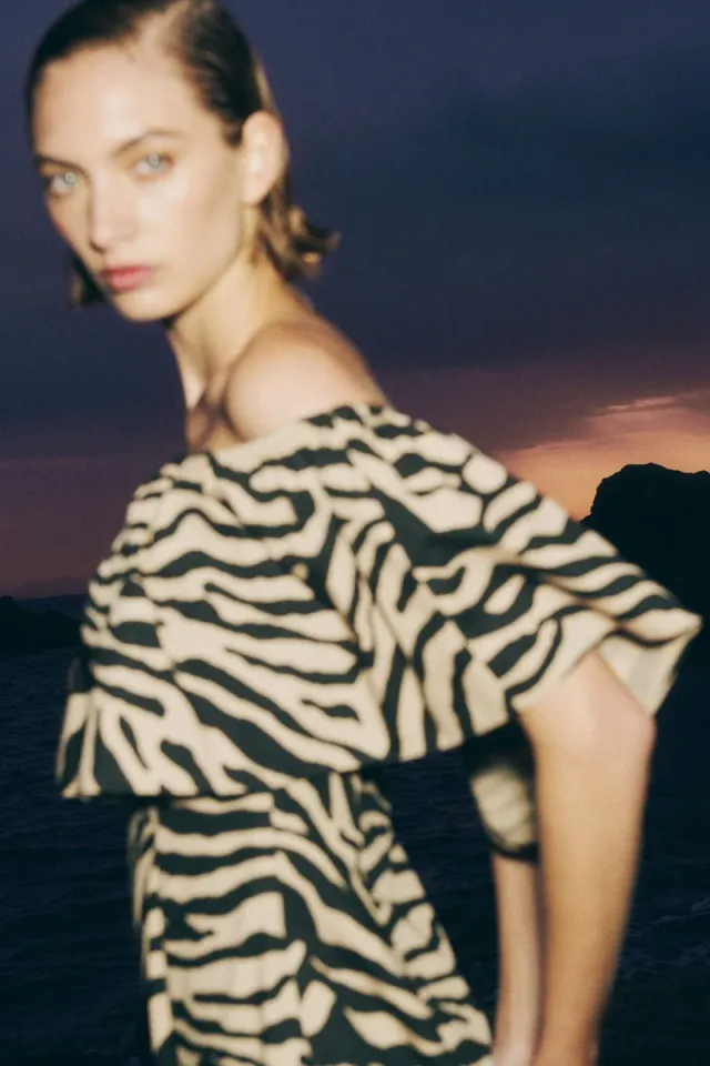Black Printed Tiered Flared Off-the-Shoulder Dress – image 2