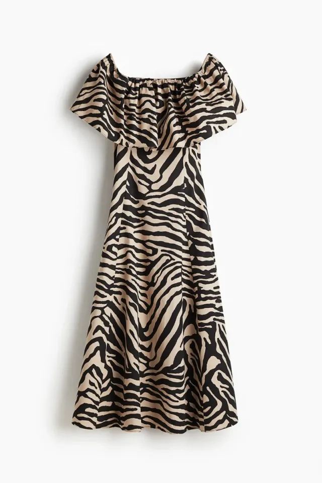 Black Printed Tiered Flared Off-the-Shoulder Dress – image 4