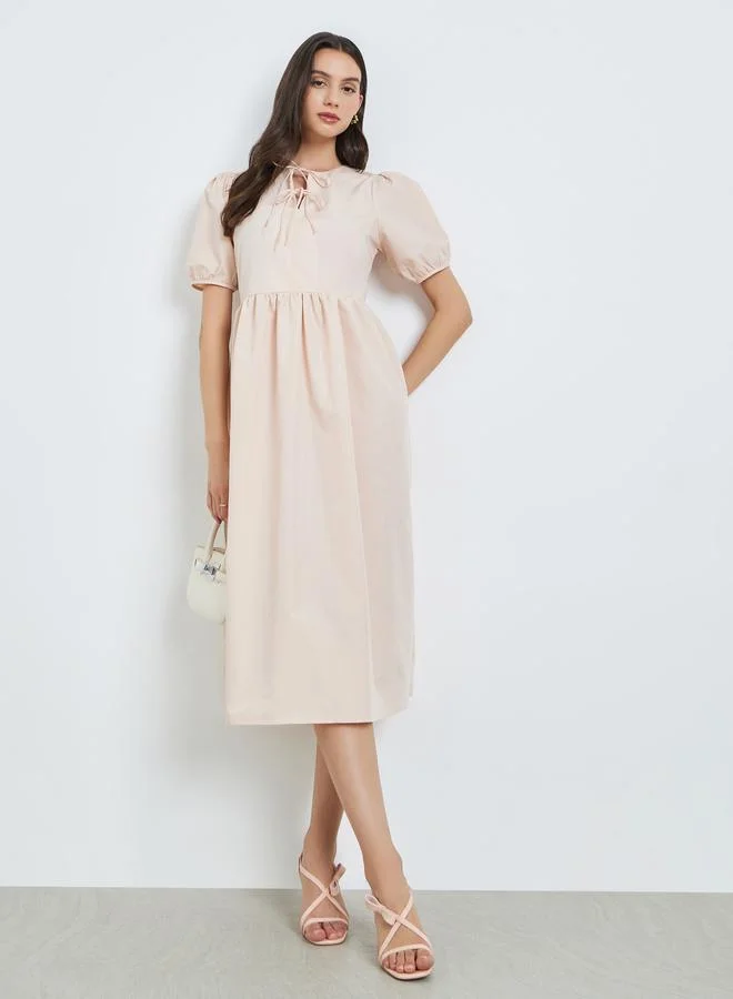 Puff Sleeve Tie-Up Neck Midi Dress, Beige